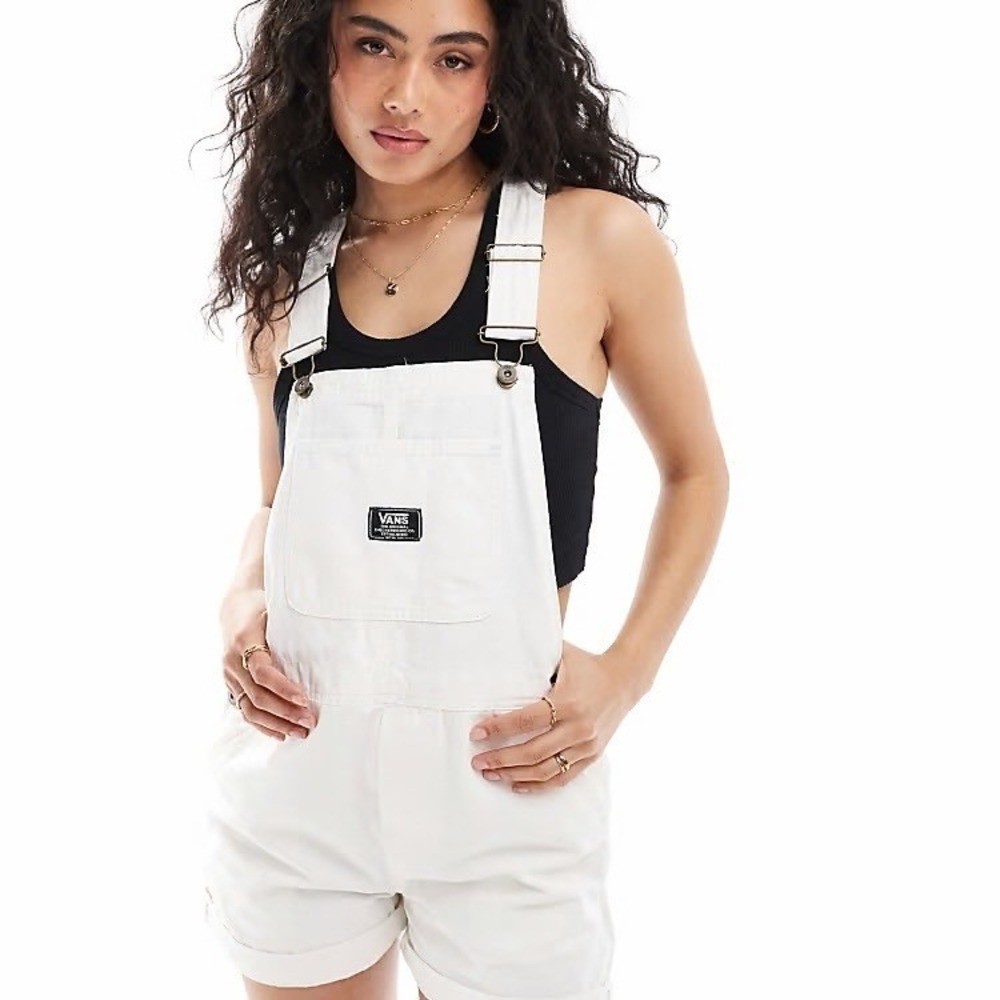Vans White Cotton Short Overalls Womens L Carpenter Utility Skater‎ Casual Bib